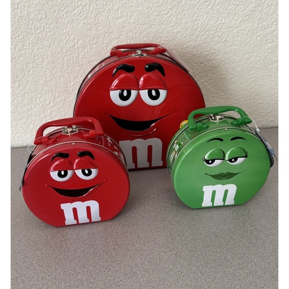 Vintage M&M’s Character Candy Tin Lot of 3 Red Green Collectible Storage Cases